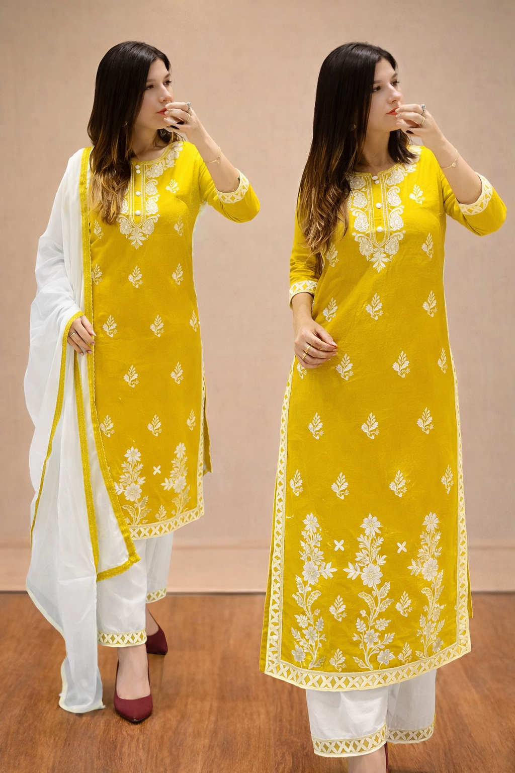 Women's Printed Cotton-Blend Semi-Stitched Kurta Set | Printed Cotton Suit with Intricate Neck Embroidery